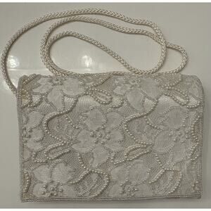 Vintage Carolyne Barton Ivory Beaded Satin Evening Bag Wedding Lace Formal